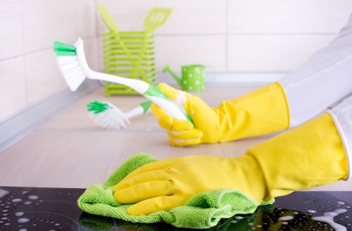 Cleaning supplies and checklist for an office cleaning visit in Tooting